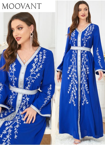 Buy Abaya Dress for Women Loose And Waist Maxi Dress Exquisite Embroidery V Neck Long Robe Women's Festival Clothing Dubai Sadui Bead Moroccan Kaftan Fancy Eid Ramadan Jalabiya in Saudi Arabia