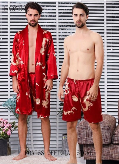 Buy Pajama Shorts and Robe for Men Silk Dragon Pattern Pajamas Bathrobe gift for Boyfriend Husband Summer Loungewear Nightwear for Men in UAE