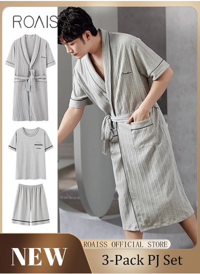 Buy 3-Piece Set Men's Robe Cotton Short-Sleeved Short Pant Sets Sleepwear Pajamas Nightgown Male Loose Soft Knitted Bathrobe Spring Summer Loungewear Home Clothes Grey in Saudi Arabia