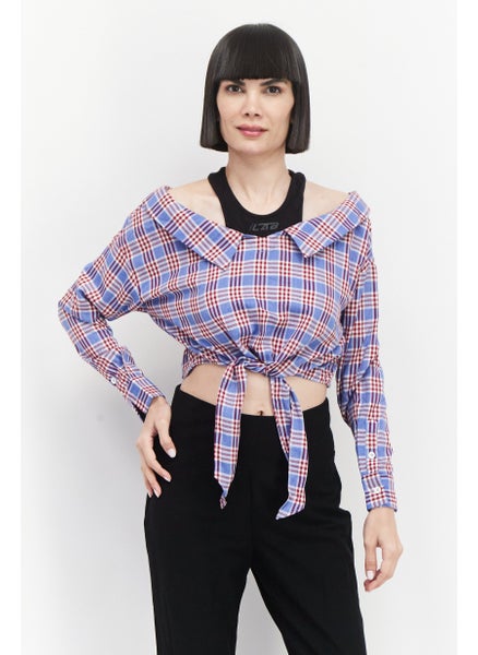 اشتري Women Spread Collar Long Sleeves Checkered Top, Blue في الامارات