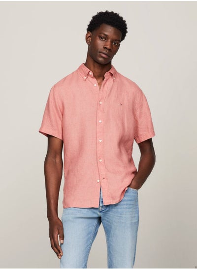 Buy Men's Short Sleeve Regular Fit Linen Shirt -  Pure linen, Pink in UAE