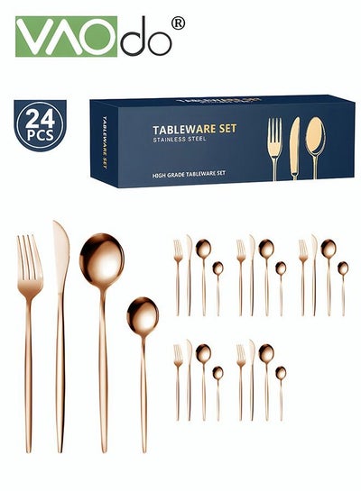 اشتري 24 قطع الفولاذ المقاوم للصدأ مجموعة أدوات المائدة مجموعة خدمة 6 مع ستيك سكين مرآة مصقول أدوات المائدة مجموعة الفضيات روز الذهب في السعودية
