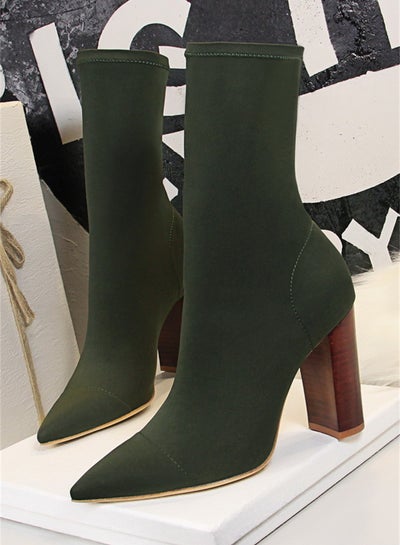 Buy 9.5cm European And American Fashion Simple Wood Grain With Thick Heel Pointed Elastic Lycra Slimming Ankle Boots Green in UAE