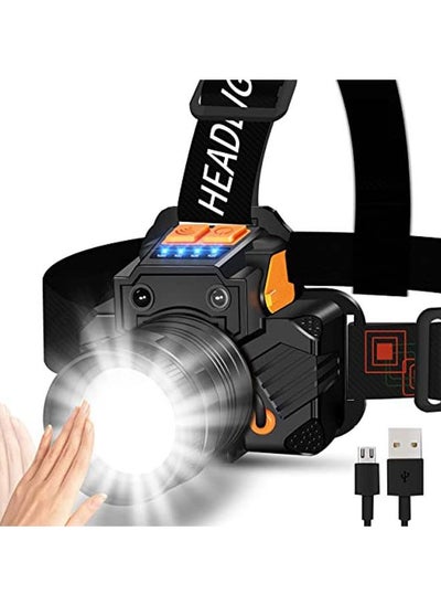 اشتري Led Headlamp Rechargeable Super Bright USB Head Lamp Motion Sensor Adjustable 3 Modes Zoomable Headlamp Flashlight Spotlight Water Resistant Head Light Black في السعودية