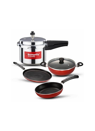 Buy Butterfly Friendly IB Kitchen Starter Kit | Induction Base | Aluminium | 3 Litre Pressure Cooker | Fry Pan | Kadai | Dosa/Roti Tawa | Kitchen Cookware Set For Family | Silver, Red in UAE