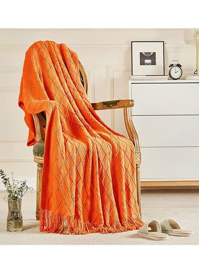 اشتري Soft Cozy Knit Blanket with Tassels for Couch and Bed Orange في الامارات