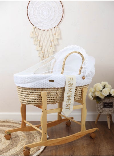 Buy Moses Basket White Color with Wooden Wheels Stand in Saudi Arabia