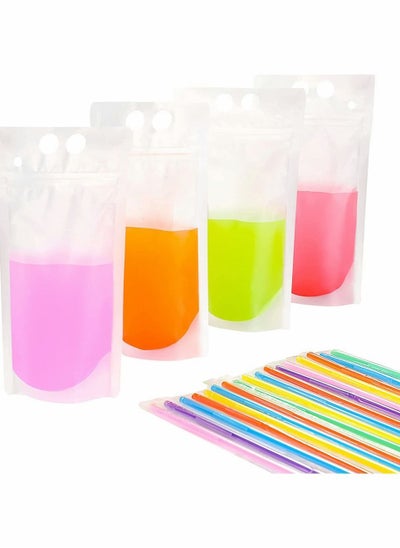 اشتري 50 PCS Stand-Up Plastic Drink Pouches Bags with Straws, Heavy Duty Hand-Held Translucent Reclosable Ice Bag, Non-Toxic, for Smoothie, Cold and Hot Drinks, Party Beverage في السعودية