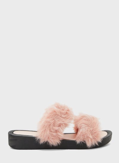 Buy Ladies Double Strap Fluffy Slider in UAE