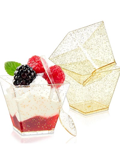 اشتري 2 oz Mini Dessert Cups with Spoons - 100 Pack Gold Glitter Shooter Cups for Dessert Small Square Serving Cups for Party Individual Banana Pudding Appetizers Parfait في الامارات