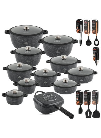 Buy Cookware Set - 49 Pieces Pots and Pans set Granite Non Stick Coating 100% PFOA FREE, Induction Base Cooking Set with Removable Silicone Handles - Oven Safe (Black) in UAE