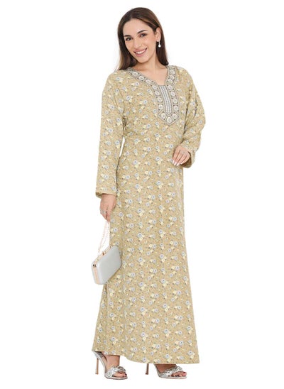 Buy UNIQUE NECK THREAD EMBROIDERED LONG FLORAL PRINTED VISCOSE ARABIC KAFTAN JALABIYA DRESS in Saudi Arabia