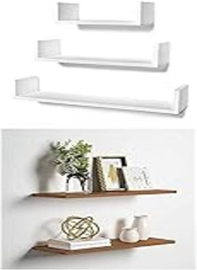 اشتري STOREMIC U-Shaped Floating Mounted Shelves for Wall 50cm, 35cm, 25cm, Easy to Install White, Pack of 3 + Home gallery floating shelf 80x20 brown في مصر