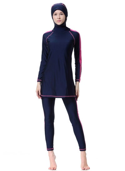 Buy Womens 2-Piece Hooded Swimwear Set Conservative Style Long Sleeve Burkinis Swimsuit Set Navy Blue/Pink in Saudi Arabia