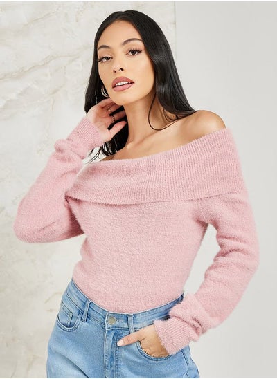 اشتري Regular Fit Fuzzy Yarn Off Shoulder Neck Sweater في السعودية