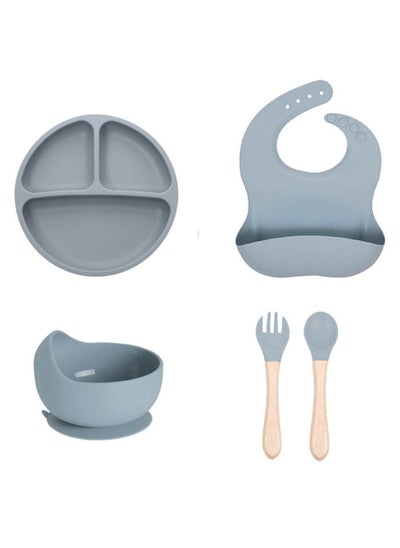 Buy Non Slip Silicone Baby Food Cutlery Blue Plate with Spoon Bib Fork Bowl for Babies from 6 Months Old in UAE