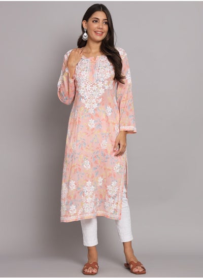 Buy Hand Embroidered Chikan Printed Mulmul Straight Kurta-AL3680 in UAE