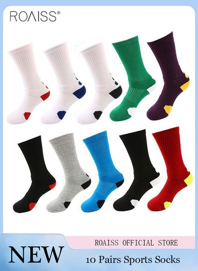 Buy 10 Pairs Of Non-Slip Sports Mid-Calf Socks For Men'S Basketball Shock-Absorbing Towel Bottoms With Contrasting Color Design Professional Sports Socks in UAE