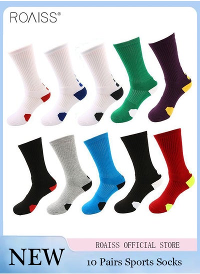 اشتري 10 Pairs Of Non-Slip Sports Mid-Calf Socks For Men'S Basketball Shock-Absorbing Towel Bottoms With Contrasting Color Design Professional Sports Socks في الامارات