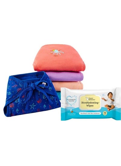 اشتري Basic Cotton Nappy With Superbottoms Xtrahydrating™ Wipes72 Pack ; 100% Pure Softest Cotton ; 3X Thicker Premium Wet Wipes ; 98% Pure Water Ideal For Sensitive Skin ; Sea Sagapack Of 5 Large في السعودية