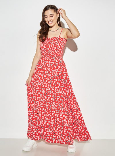 Buy 2Xtremz Floral Print Maxi A-line Dress with Shirring Detail and Adjustable Straps in Saudi Arabia