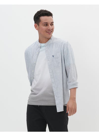 Buy AE Band Collar Linen Striped Button-Up Shirt in UAE