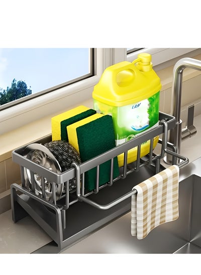 Buy Sink Caddy Sponge Holder with Auto Drain Tray Kitchen Sink Organizer and Storage Rack for Dish Soap Dispenser Brush Scrubbers and Towel stand in UAE