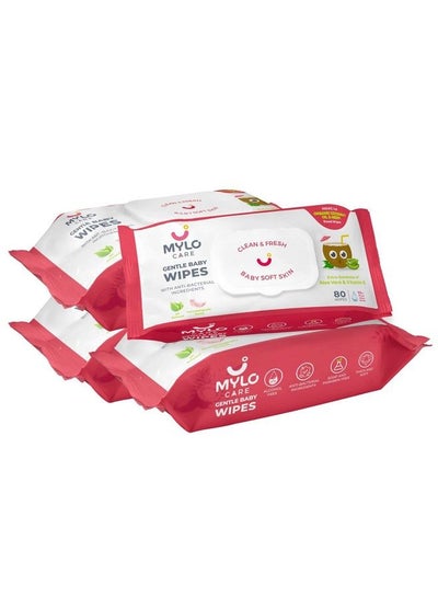Buy Gentle Baby Wipes With Lid (Pack Of 4) ; 80 Wipes Per Pack ; Organic Coconut Oil Neem Aloe Vera Vitamin E ; 98% Pure Water in UAE