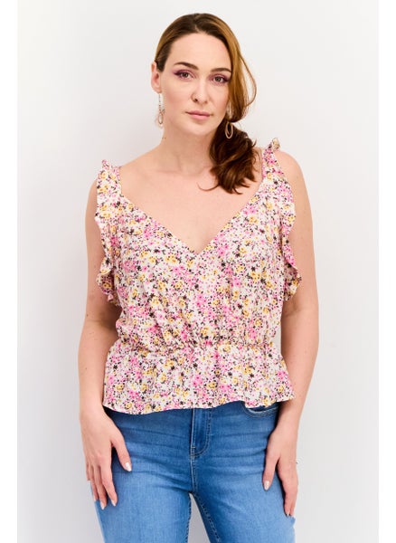 Buy Women V Neck Sleeveless Floral Printed Tank Top, Pink Combo in UAE