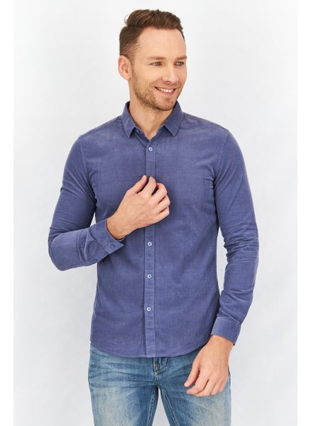 Buy Men Slim Fit Textured Long Sleeves Casual Shirt, Blue in UAE