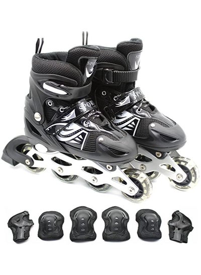 Buy Inline Skates Adjustable Size Roller Skates with Flashing Wheels Children Skate Shoes Including Protective Gear (Knee Elbow Wrist) Black Colour in UAE