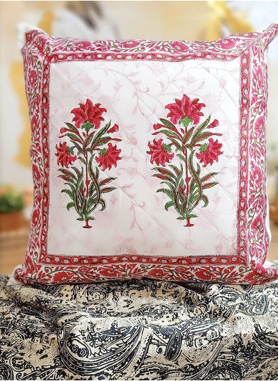 Buy Pretty Pink And Green Quilted Premium Organic Cotton Hand Block Printed Cushion Cover 65 Cm X 65 Cm in UAE