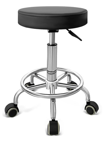 Buy Leather modern round rolling stool with footrest, swivel height adjustment and non-woven backing underneath the cushion. For Spa Drawing Salon Tattoo Work Office Press Chair, 12.5 Inch (Black) in Egypt