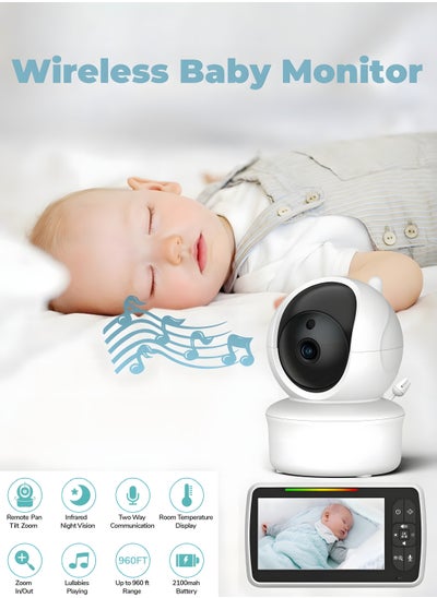 Buy Baby Monitor with Cameras Audio Night 360° Video Wireless Security Camera for Baby Monitoring with 3000mAh Battery 5 Inch Screen Pan-Tilt-Zoom in Saudi Arabia