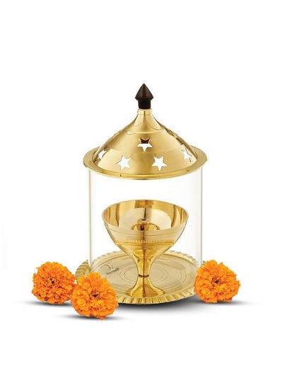 Buy Nitya Akhand Jyot Aaradhya Brass Pooja Diya For Puja & Religious Rituals With Borosilicate Glass Cover For Home,Office & Temple | Traditional Gifting (6.8 Inch Height) 251Gms in Saudi Arabia