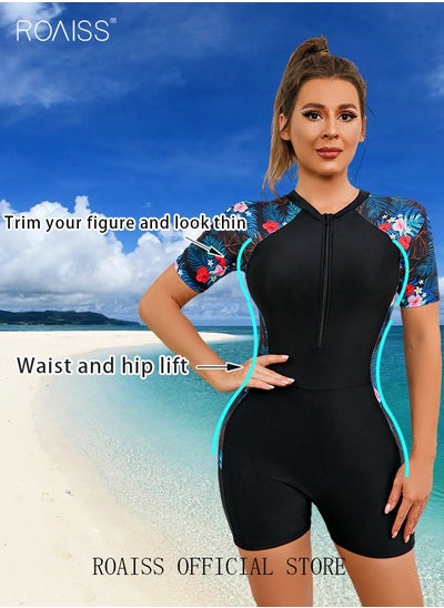 اشتري Women One Piece Swimsuit Color Block Surf Clothes Short Sleeve Swimwear Conservative Beachwear Bathing Suit Sports Suits Jumpsuit في السعودية