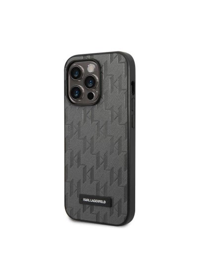 اشتري Saffiano Monogram Case With Metal Plate Logo, Extra Shield Protection, Anti Shock, Extra Slim and Classic Back Cover Compatible With iPhone 14 Pro Max - Grey في الامارات