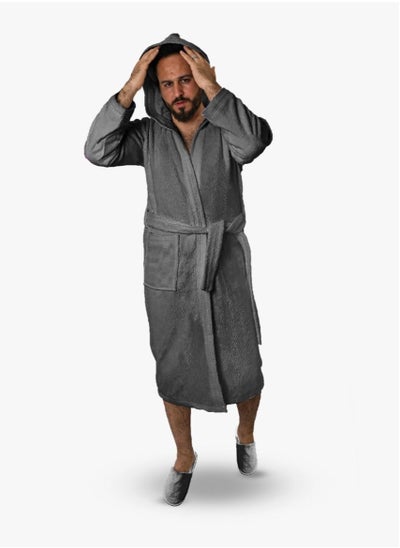 Buy Men's soft cotton bathrobe with pocket and waist belt with a distinctive slipper elegant design gray color multiple sizes in Saudi Arabia