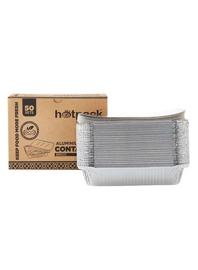 Buy Hotpack Disposable Aluminium Rectangle Food Container Silver 890ml with Lid 50-Pieces in UAE