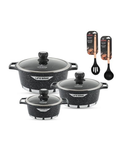 Buy Cookware Set 8 pieces - Pots set Oven Safe, Granite Non Stick Coating 100% PFOA FREE, Die Cast aluminum Cooking Set include Casseroles And Silicone Utensils|16/20/24CM| in UAE