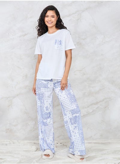 Buy Printed Pocket T-Shirt & Wide Leg Pyjama Set in Saudi Arabia