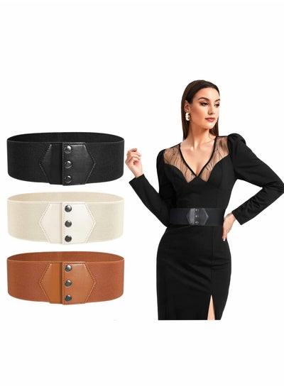 اشتري 3 Pack Women Wide Elastic Waist Belt Vintage Stretchy Waistband for Ladies Dresses في السعودية