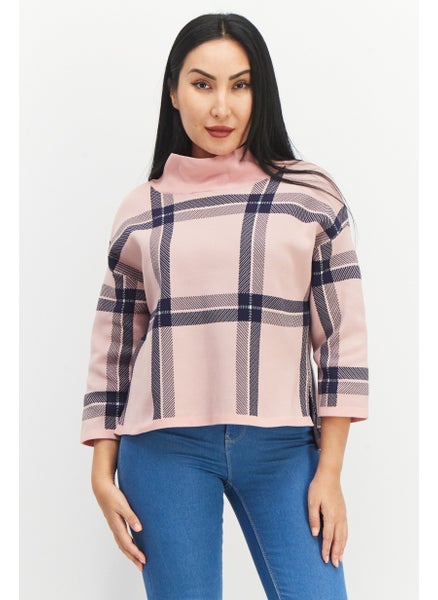 Buy Women Mock Neck Elbow Sleeves Textured Sweater, Pink/Blue in UAE