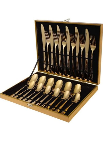 اشتري 24 Pcs Stainless Steel Portable Luxury Unique Reusable Kitchen Box Spoon Fork And Knives Wedding Gold Color Cutlery Set في الامارات