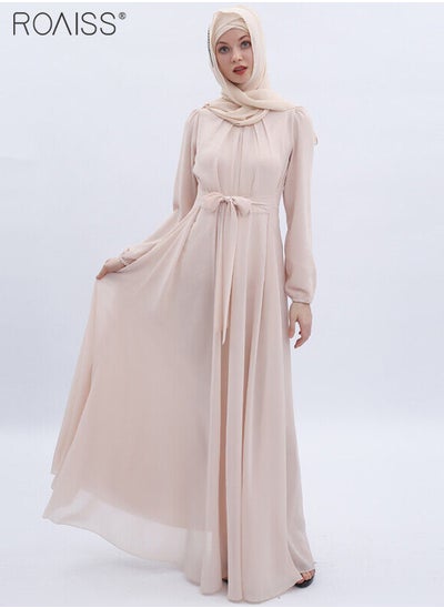 Buy Fashionable Muslim Chiffon Dress Women'S Daily Commuting Solid Color Long Sleeve Belt Tightening Large Skirt Dress Robe in Saudi Arabia