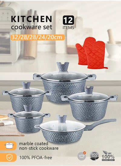 Buy 12-Piece Kitchen Cookware set, Casserole Set And Frying Pan With Non Stick Cookware sets ,Finish Glass lid PFOA-Free  20-24-28-32 cm (Deep Stockpot) + 28 cm (deep Frying Pan)+ Pair Of Gloves（Grey） in UAE