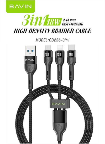 Buy 3 in 1 Multi Charging Cable, Nylon Braided 1.2M 18W USB to Lightning & USB-C USB to Micro Multi Charger Cord for Multiple Devices Apple & Android Fast Charger Cable Black in UAE