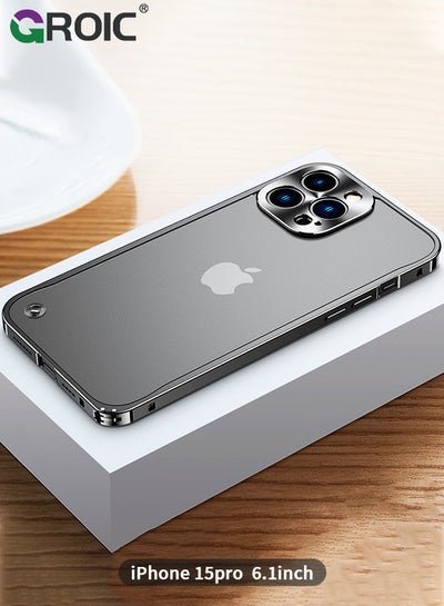 اشتري Metal Frame Black Case for iPhone 15 Pro, Ultra Slim Frosted PC Matte Back with Lanyard Holes Lock Type Military Aluminum Alloy Bumper في السعودية