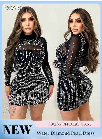 اشتري Fashion Pearl Rhinestone Dress Women Party Tassel Mesh Hip Cover Bodycon Dress في الامارات