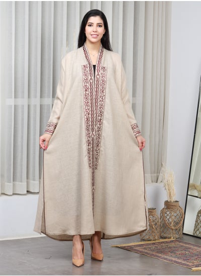 Buy Beige abaya distinguished by brown thread embroidery on the sleeves, collar and cuffs in Saudi Arabia